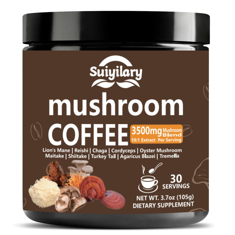 Suiyilary 10-mushroom coffee canister highlighting premium blend for daily focus.