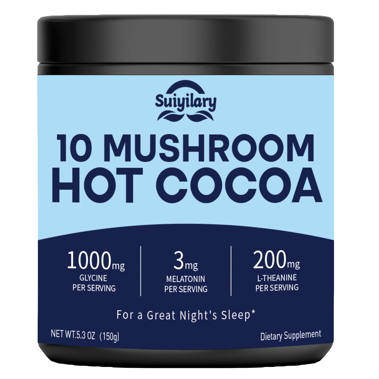 Suiyilary 10 Mushroom Hot Cocoa bottle showcasing sleep-support blend.