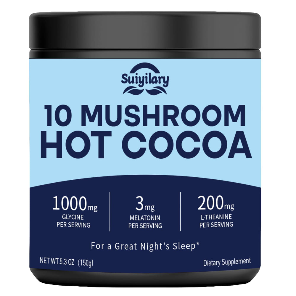 Suiyilary 10 Mushroom Hot Cocoa bottle showcasing sleep-support blend.