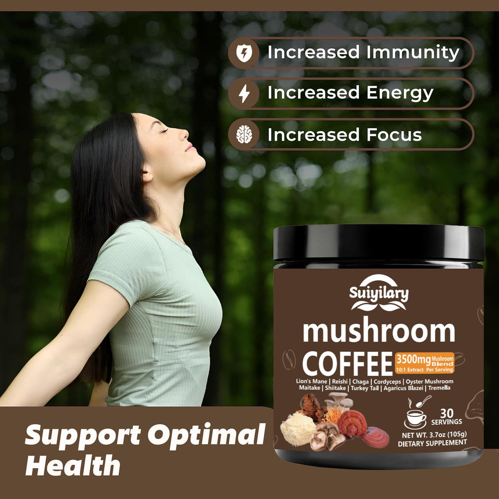 Suiyilary Arabica beans close-up emphasizes high-quality beans with ten-mushroom mix.