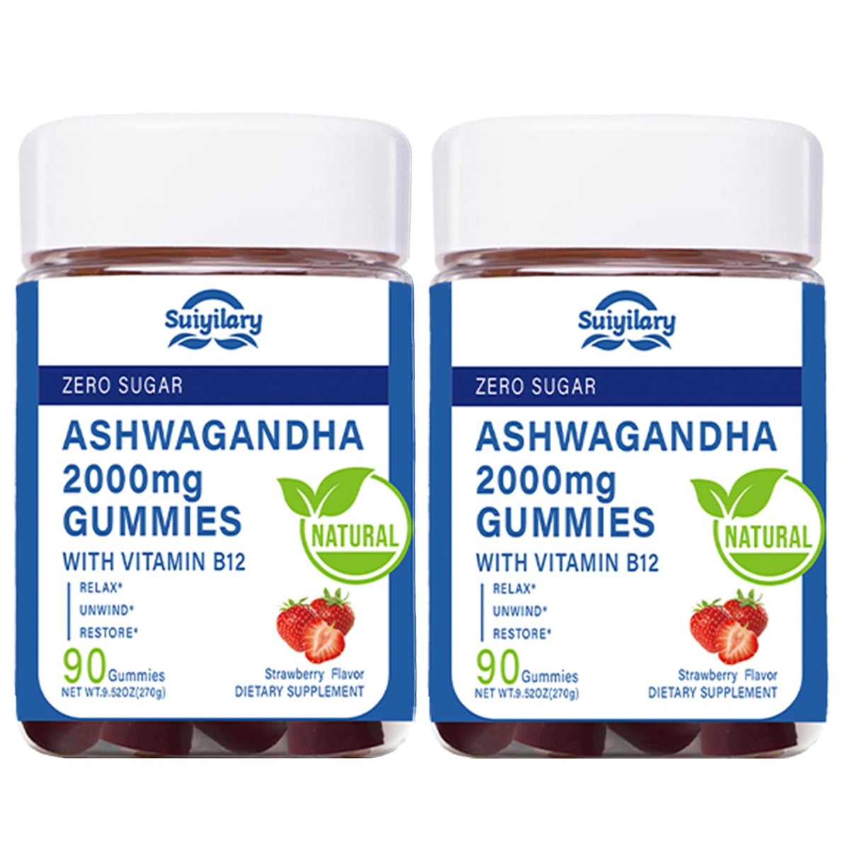 Suiyilary Ashwagandha Gummies bottle with strawberry flavor for calm focus.