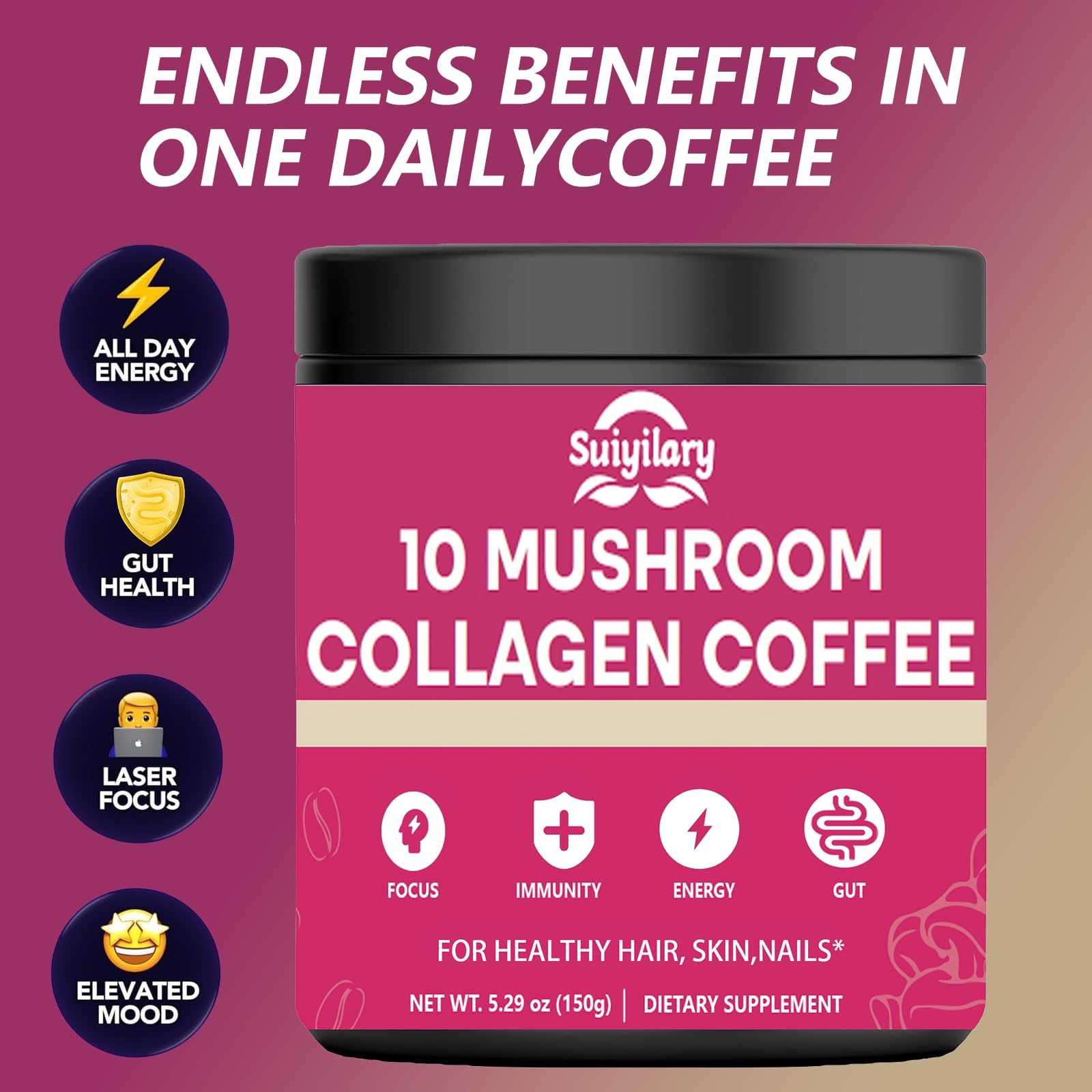 Jar of collagen peptides beside coffee mix for hair, nails, and joints