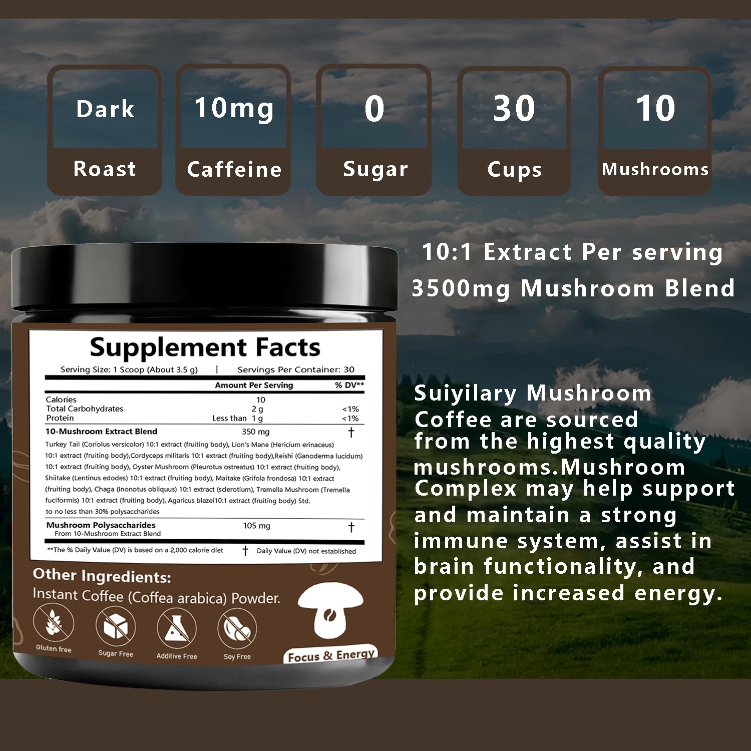 Suiyilary cordyceps-reishi blend highlights energizing mushroom mix for mental sharpness.