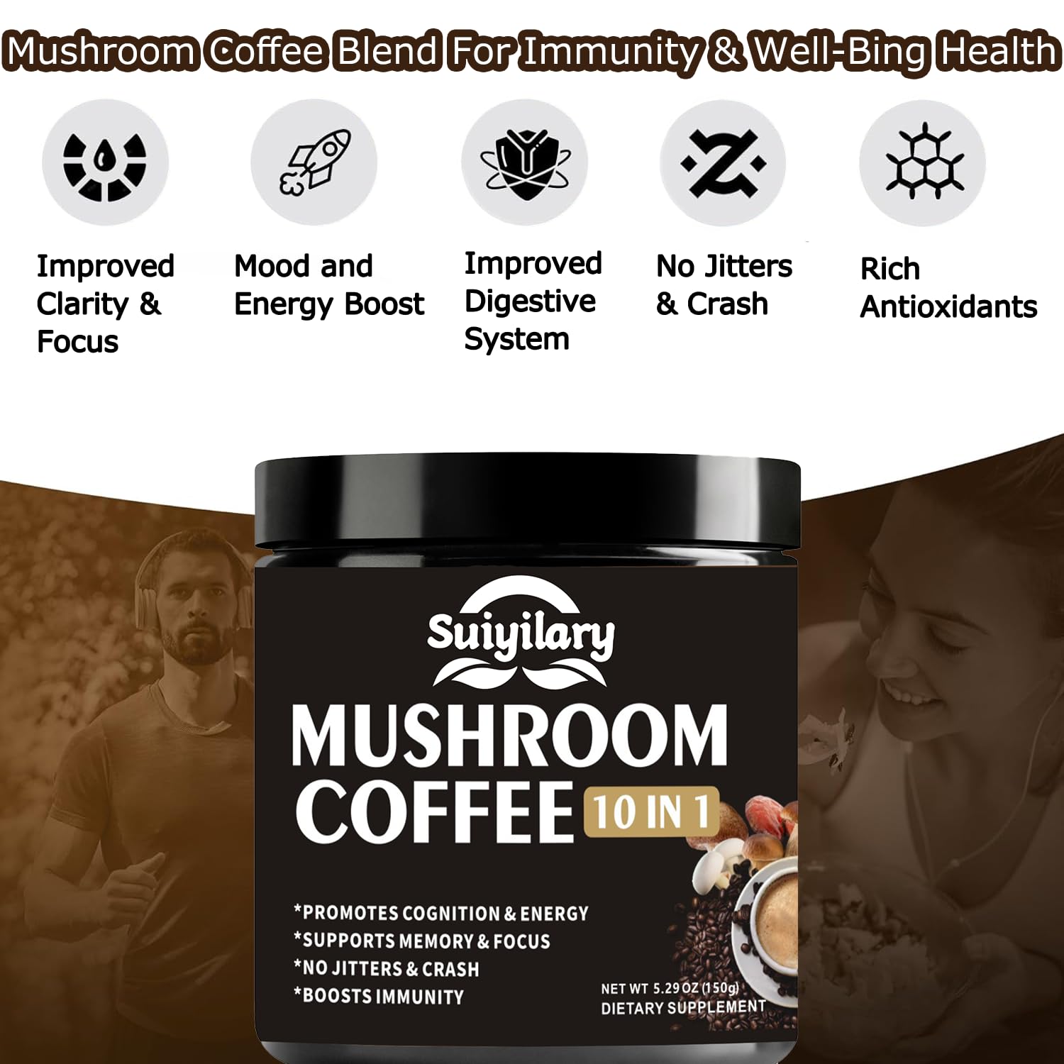 Suiyilary Mushroom Coffee chocolate mix shows versatile use in smoothies and cocoa.