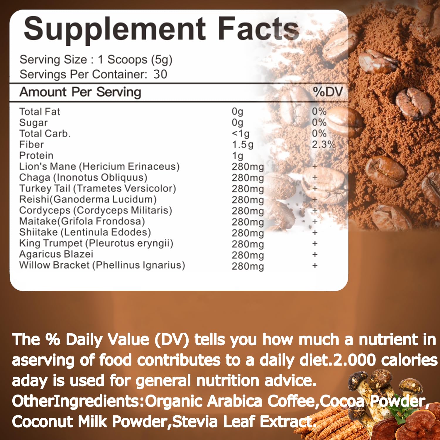 Suiyilary Mushroom Coffee label-closeup highlights all-natural ingredients and quality.