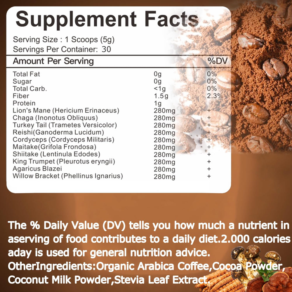 Suiyilary Mushroom Coffee label-closeup highlights all-natural ingredients and quality.