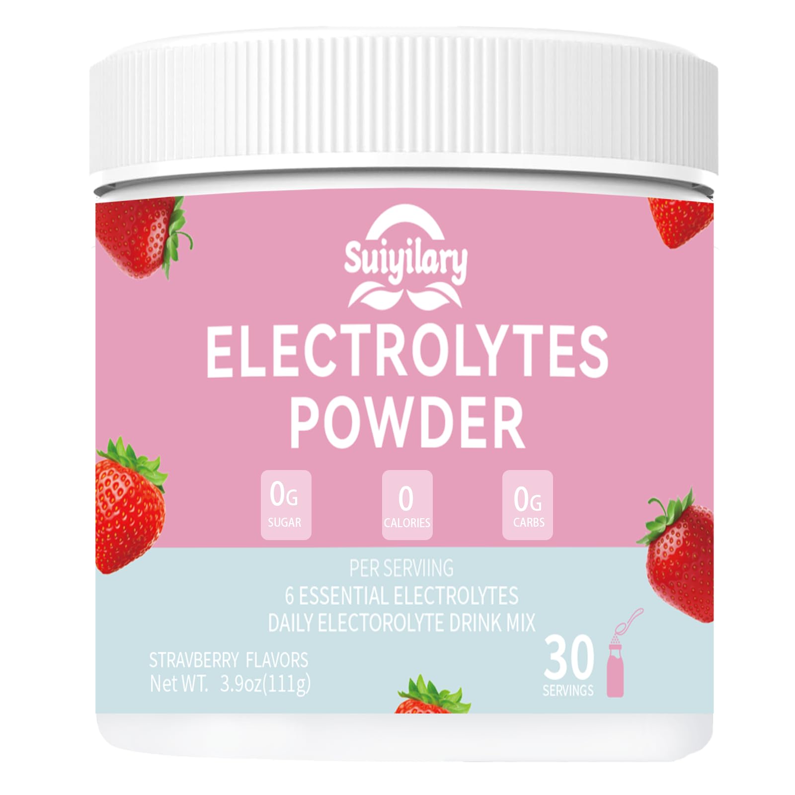 Suiyilary Sugar-Free Electrolyte Powder tub closeup shows clean packaging for quick hydration.