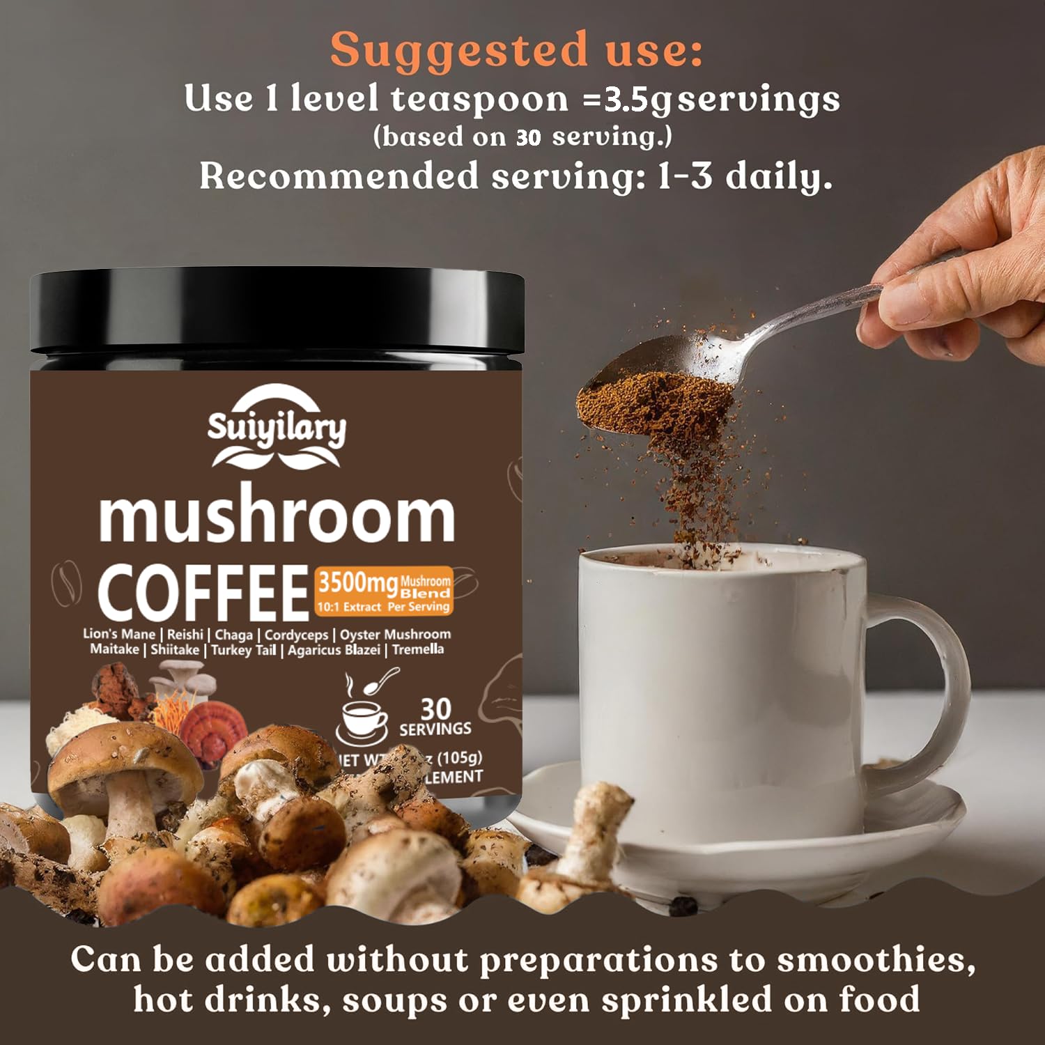 Suiyilary tasting mushroom coffee image hints at smooth flavor and energizing aroma.