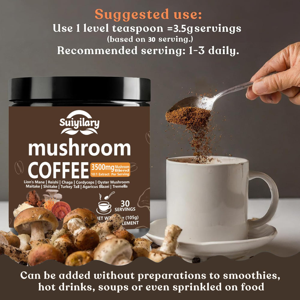Suiyilary tasting mushroom coffee image hints at smooth flavor and energizing aroma.