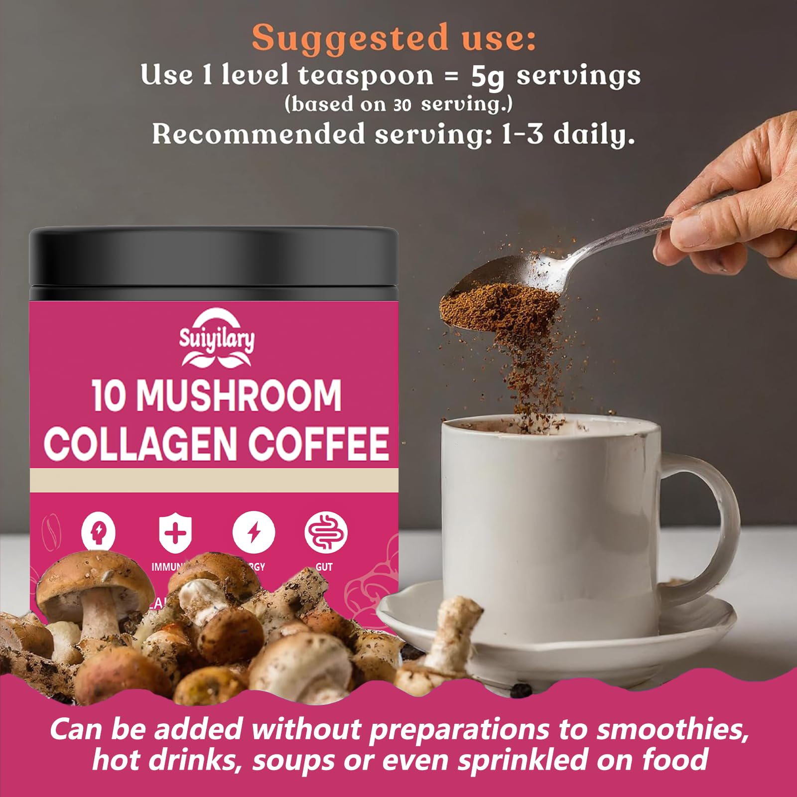 Ten-mushroom blend illustration indicating cognitive and immune-friendly potential