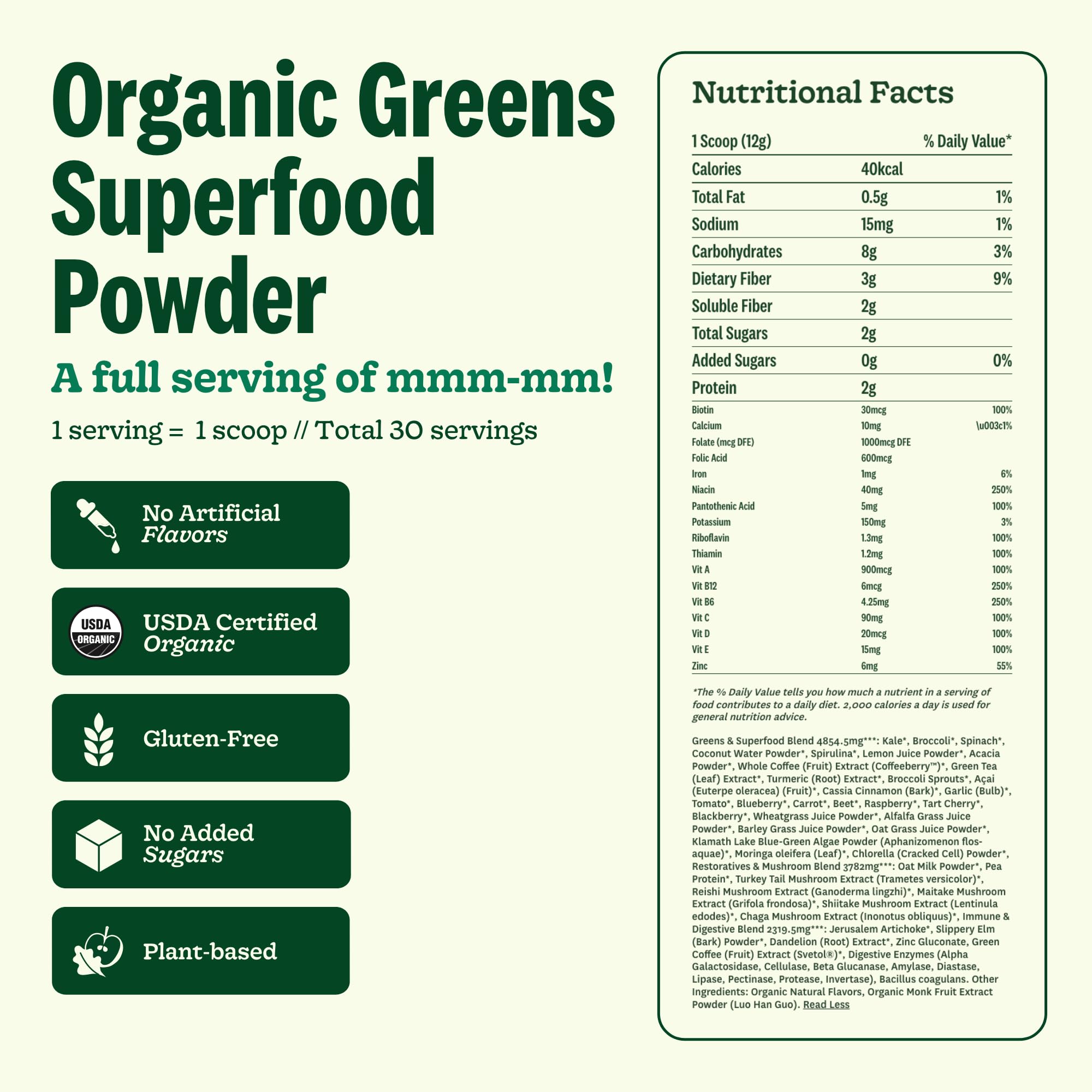 Suja Organic Greens Powder bag closeup emphasizes organic ingredients and clean label
