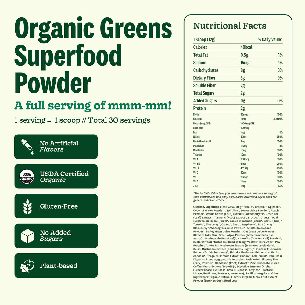 Suja Organic Greens Powder bag closeup emphasizes organic ingredients and clean label