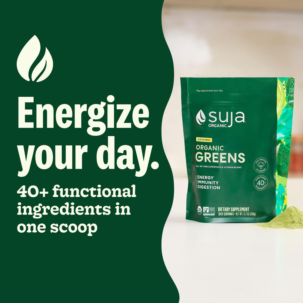 Suja Organic Greens Powder scoop demonstrates easy serving for probiotic daily support