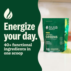 Suja Organic Greens Powder scoop demonstrates easy serving for probiotic daily support