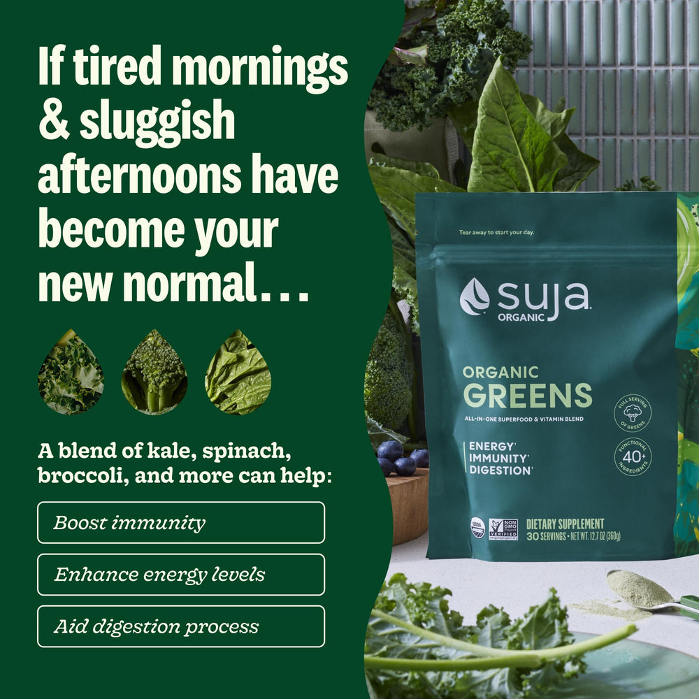 Suja Organic Greens Powder smoothie scene suggests versatile blends for energy and vitality
