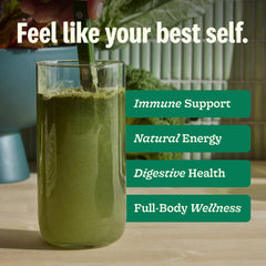 Suja Organic Greens Powder spoon-dispense image emphasizes quick mix into water