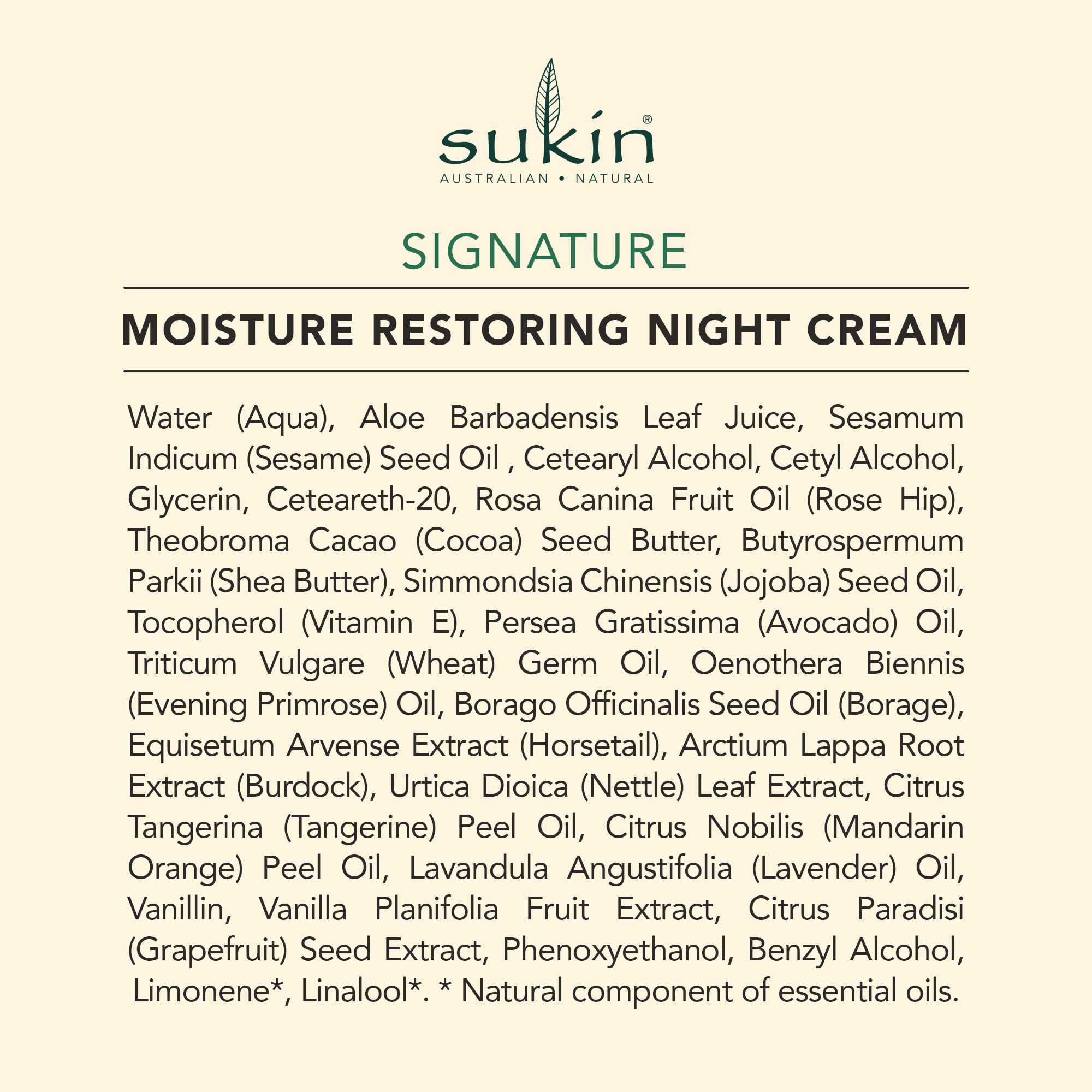 Aplicación suave de Sukin Organics para hidratación nocturna estable y agradable.