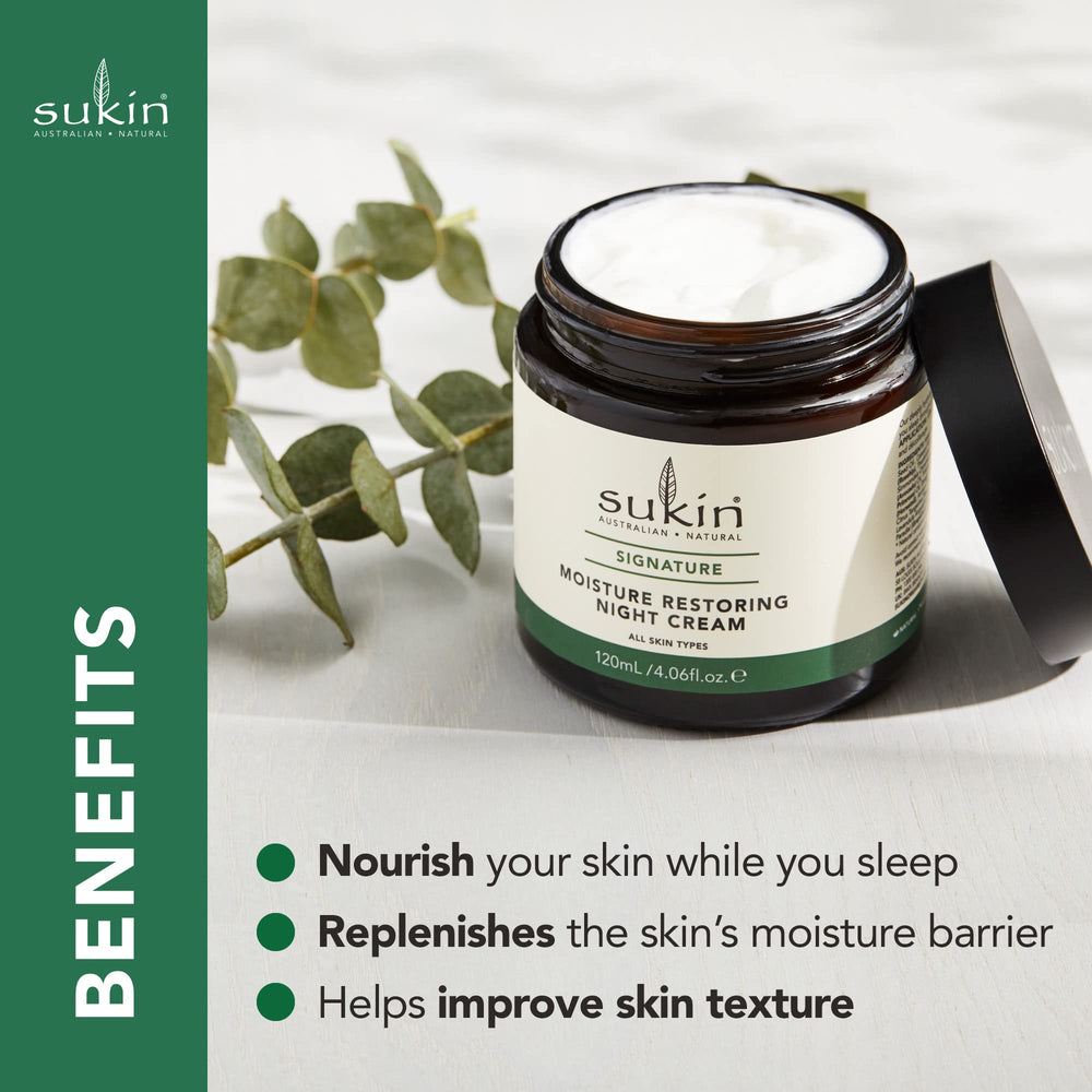 Sukin Organics Crema nocturna en frasco, textura cremosa para nutrición facial durante la noche.