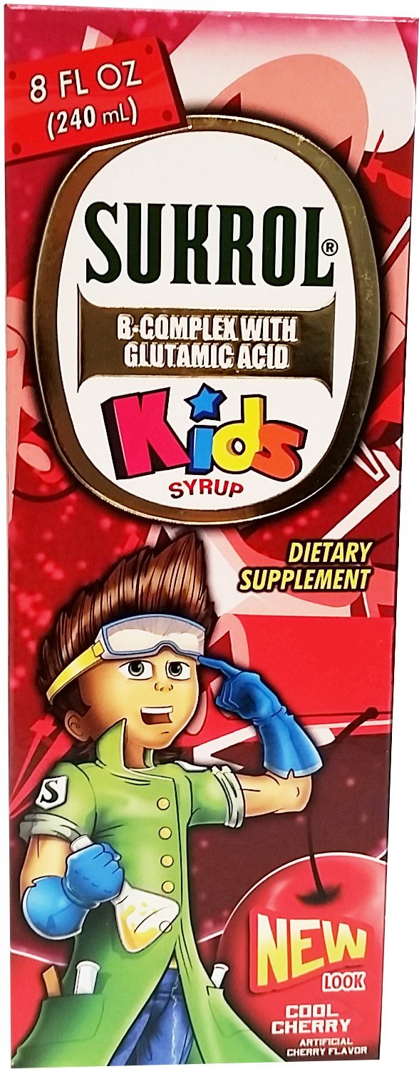 Sukrol cherry-flavor dietary supplement bottle on countertop with label visible