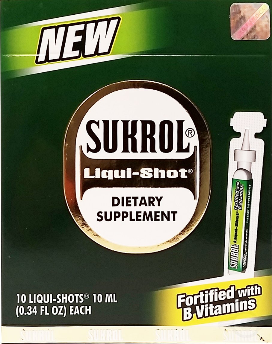 Sukrol Liquid Shot bottle-pour demonstrates quick, on-the-go nutrient support.