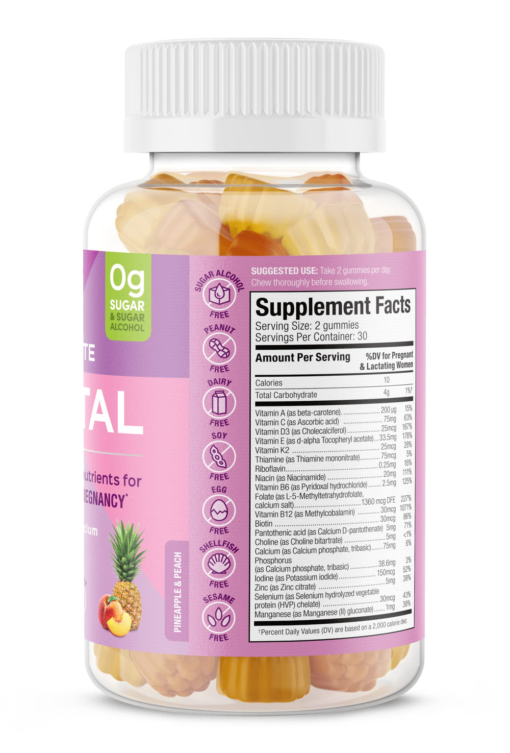 SUKU Prenatal Gummies bottle close-up highlighting chewy texture for daily use.