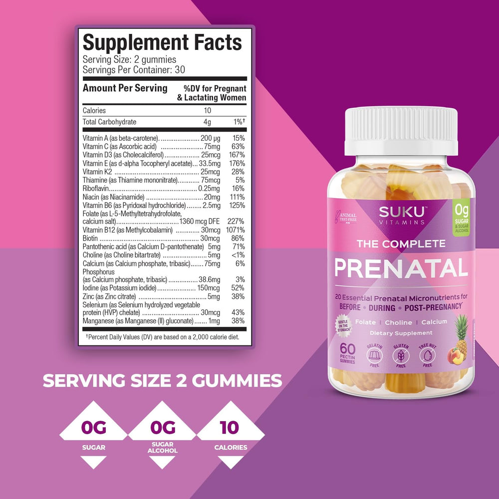 SUKU Prenatal Gummies ingredients label showcases clean, vegetarian, sugar-free composition.