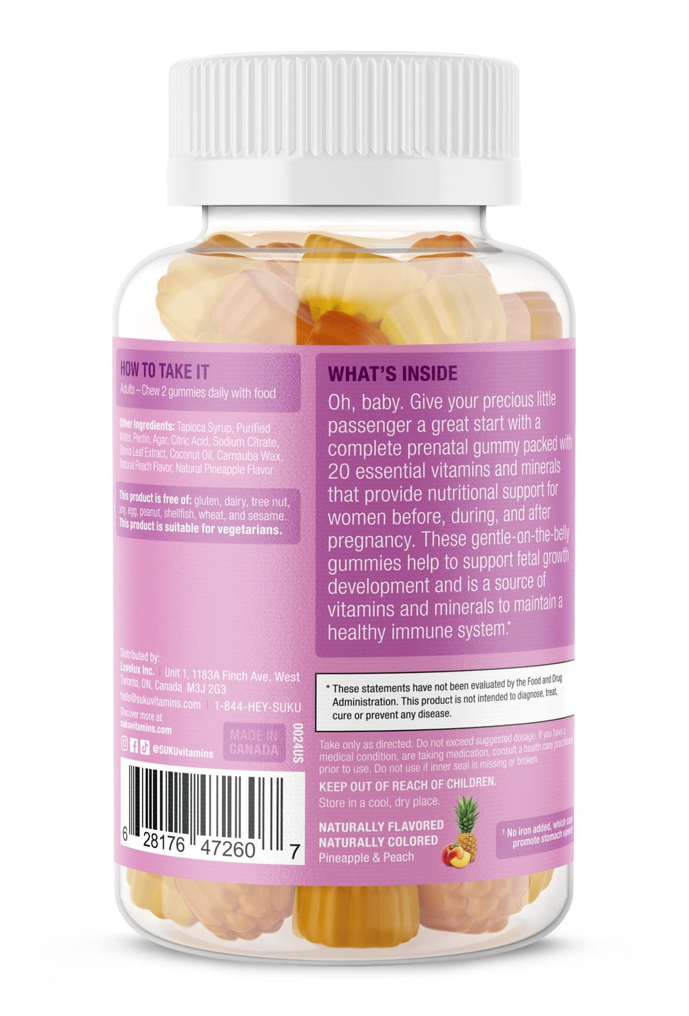 SUKU Prenatal Gummies pineapple peach flavor image emphasizing tasty, convenient prenatal nourishment.