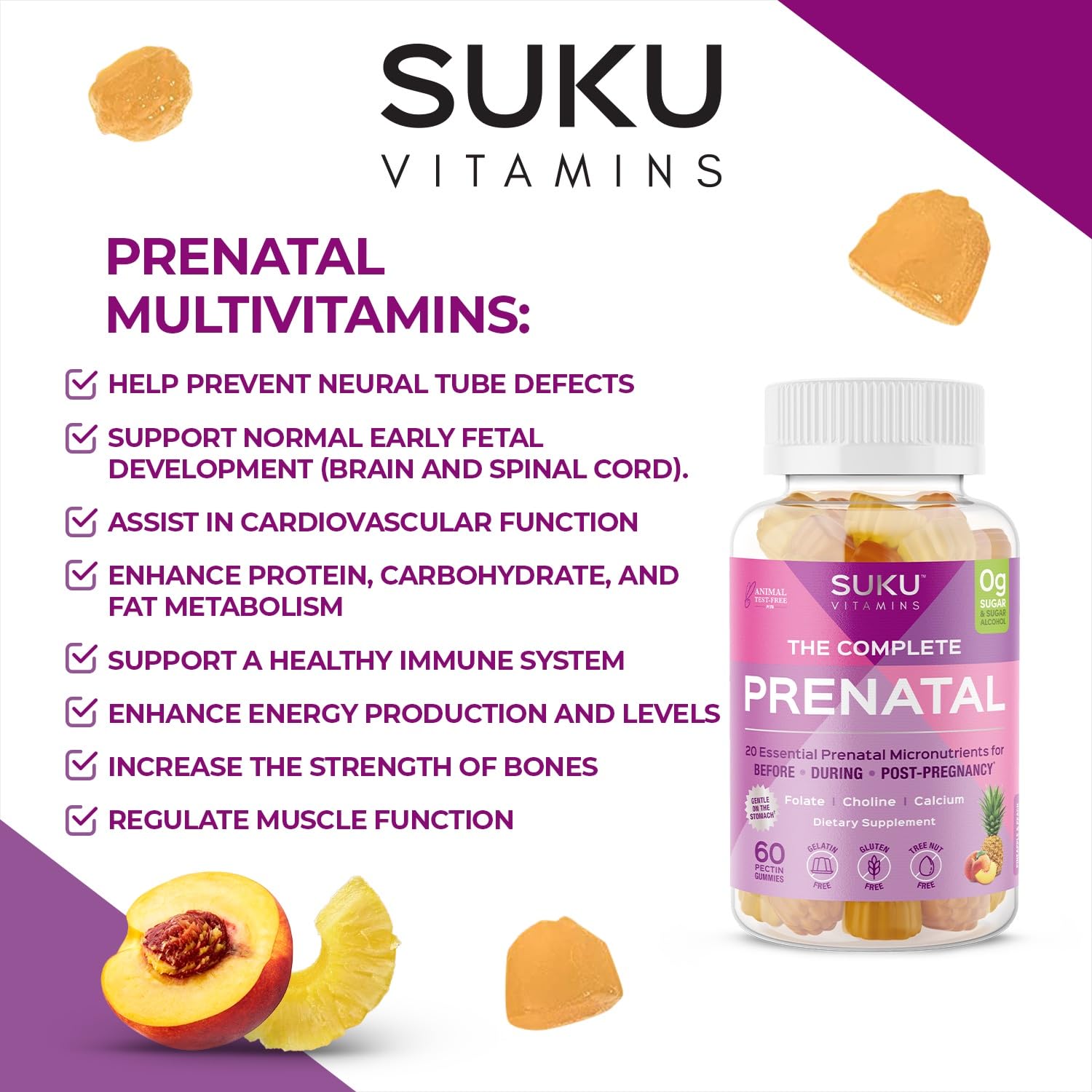 SUKU Prenatal Gummies textured chew close-up conveys pleasant bite-sized wellness.