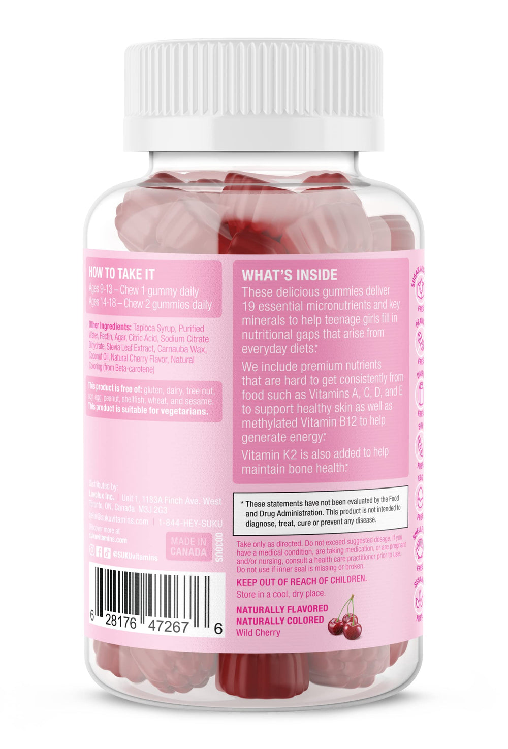 SUKU Teen Girl label closeup emphasizes vitamins supporting healthy development.