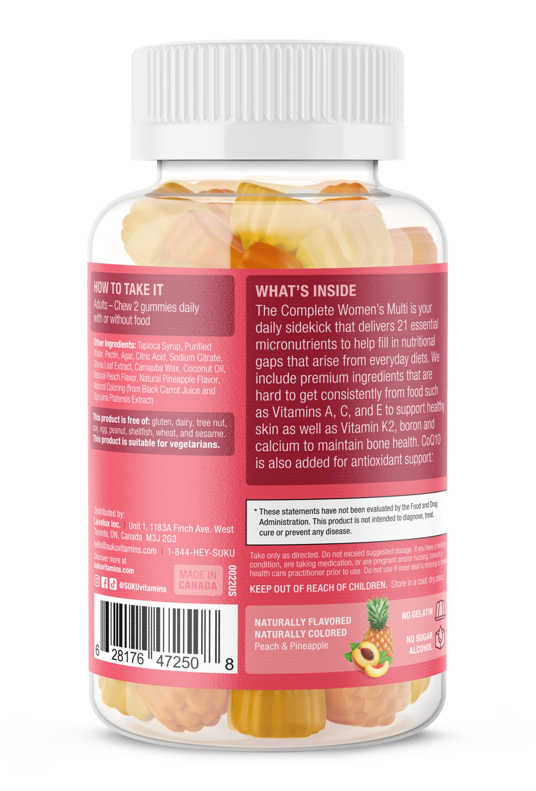 SUKU Vitamins Complete Women's Multi pineapple-peach gummies — natural flavor and daily nutrients.