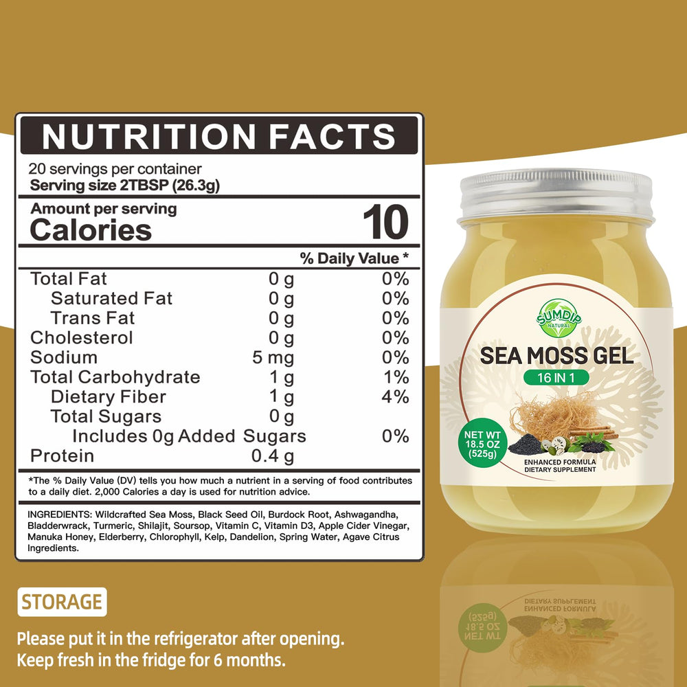 SumDIP Sea Moss Gel bottle pour demonstrates easy daily addition to smoothies