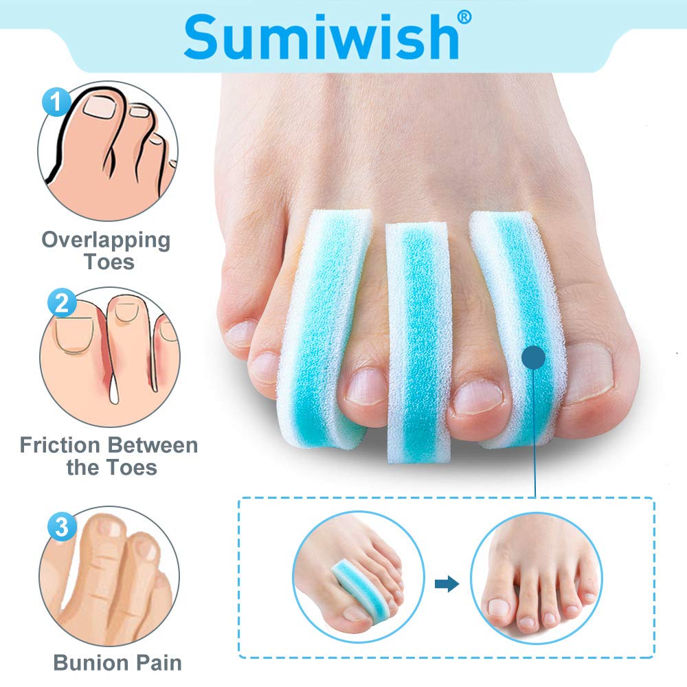 Sumiwish toe spacers blue pack inside a shoe, illustrating everyday comfort and reduced friction