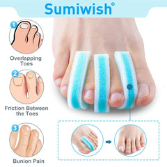 Sumiwish toe spacers blue pack inside a shoe, illustrating everyday comfort and reduced friction