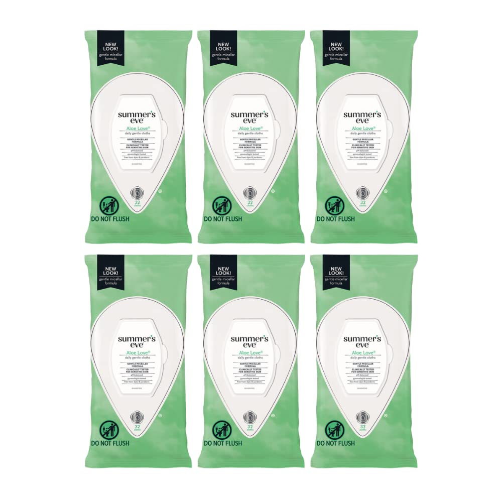 Summer's Eve Aloe Love cleansing cloths front of the 32-count pack for daily freshness.