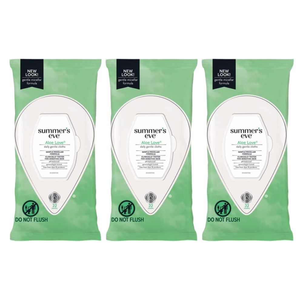 Summer’s Eve Aloe Love cleansing cloths outer view; 3-pack packaging