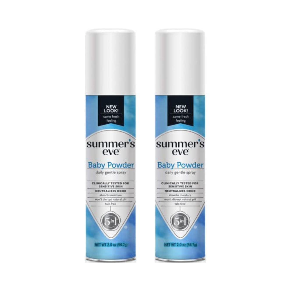 Summer's Eve Baby Powder Fresh Deodorant Spray bottle for daily freshness.