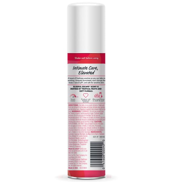 User applying Summer's Eve Blissful Escape spray for quick refresh