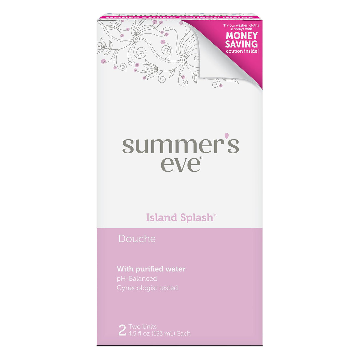 Summer's Eve Island Splash douche box with two pre-filled pouches for quick refreshing.