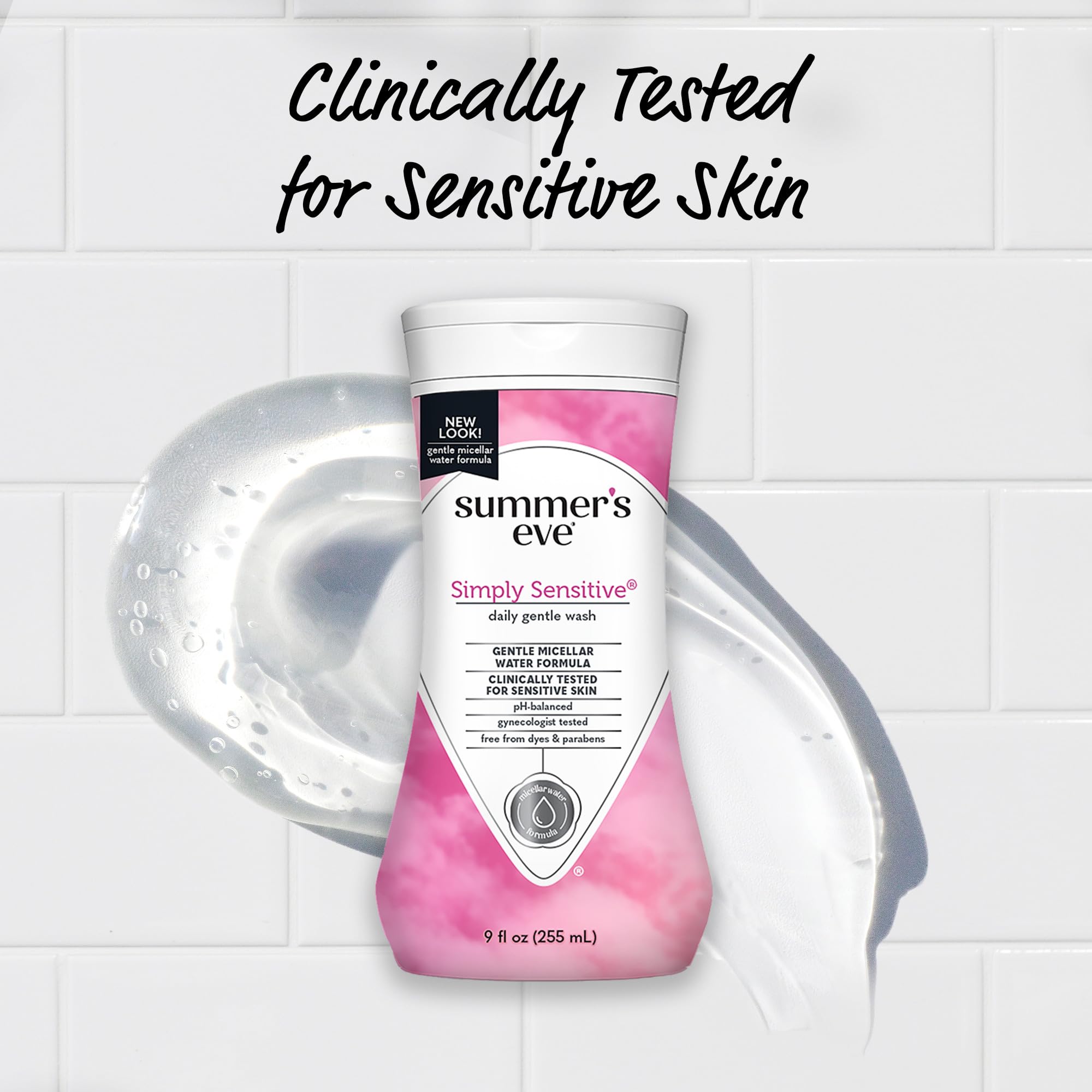 Summer's Eve Simply Sensitive bottle angled illustrates compact daily care on the go.