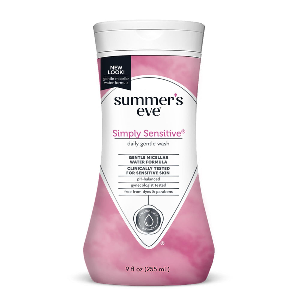 Summer's Eve Simply Sensitive bottle pour showcases gentle cleansing for daily freshness.