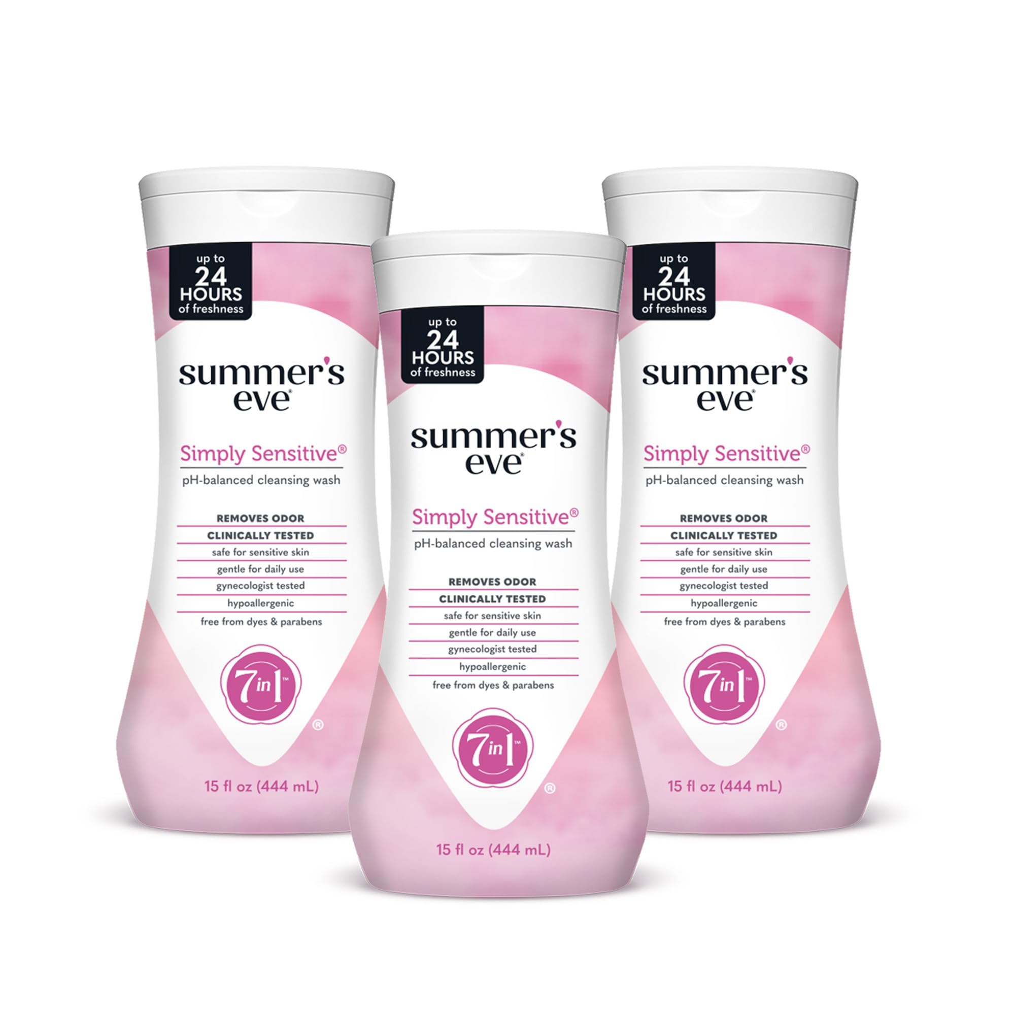 Summer's Eve Simply Sensitive Wash bottle demonstrates gentle daily cleansing for sensitive skin