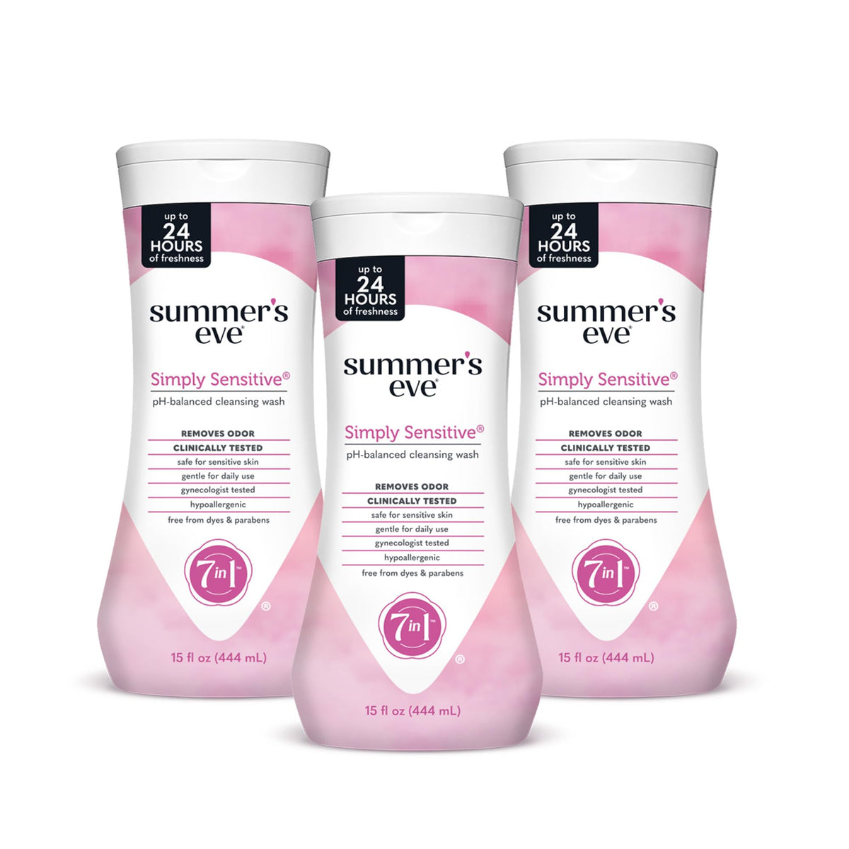 Summer's Eve Simply Sensitive Wash bottle demonstrates gentle daily cleansing for sensitive skin