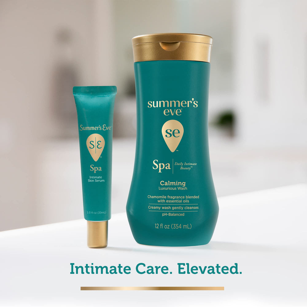 Summer's Eve Spa Calming Daily Wash packaging highlights hypoallergenic, pH-balanced design.
