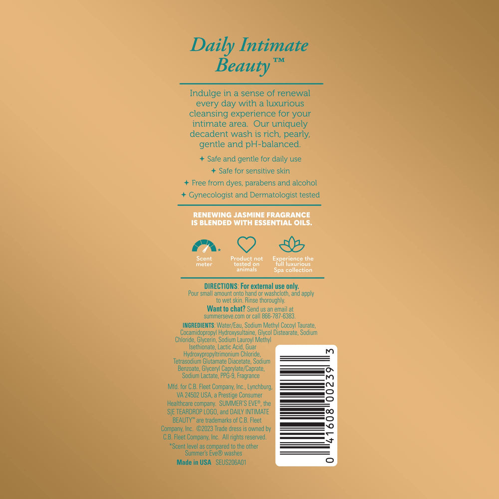 Packaging close-up of Summer's Eve Spa Renewing Jasmine wash showing dye-free formula