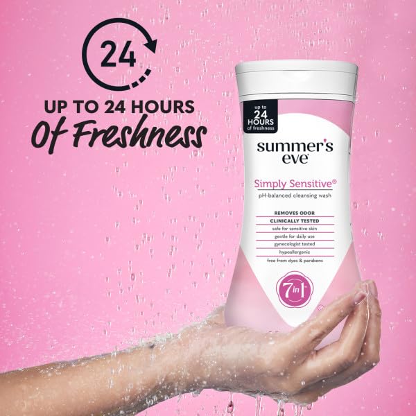 Close-up of Summer's Eve Simply Sensitive bottle showing gentle cleansing formula