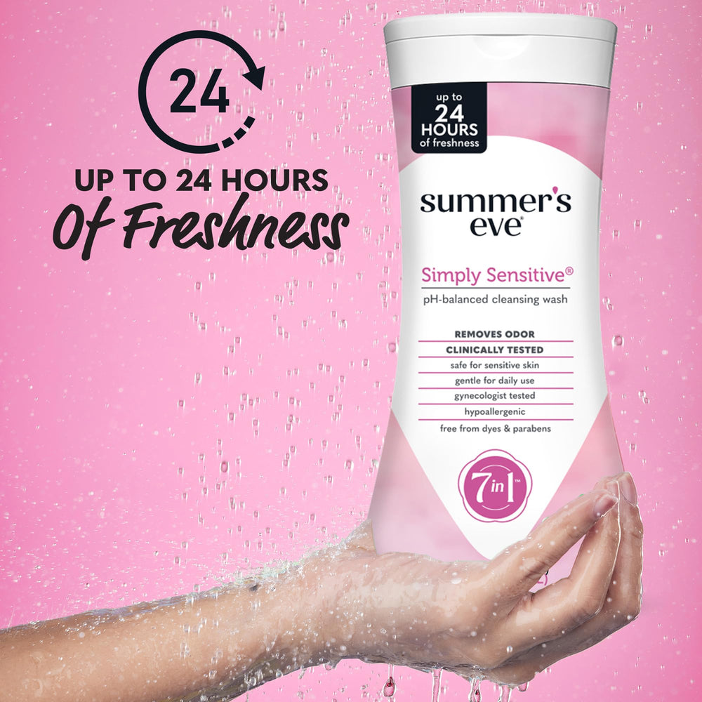 Close-up of Summer's Eve Simply Sensitive wash label highlighting gentle formula.