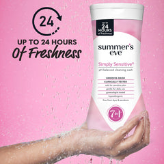 Close-up of Summer's Eve Simply Sensitive wash label highlighting gentle formula.