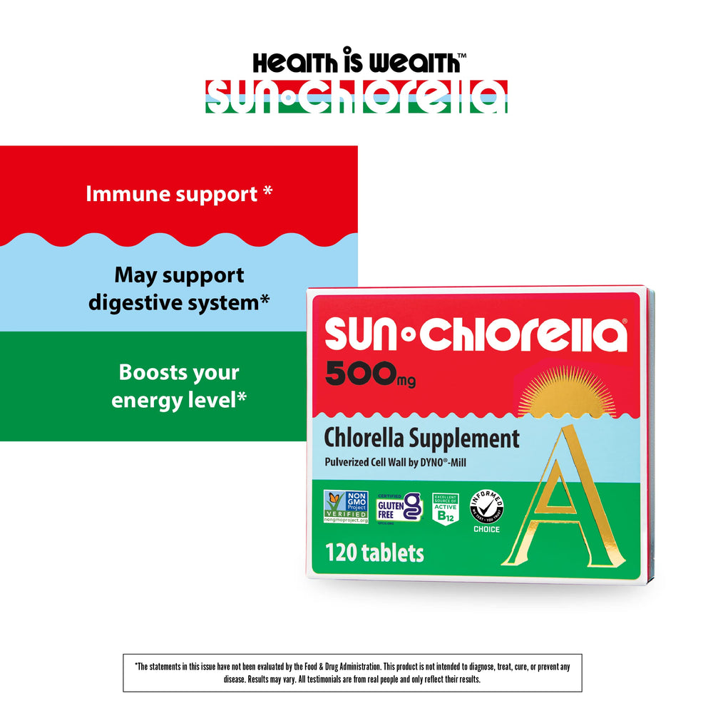 Sun Chlorella 500mg bottle label highlights non-GMO and gluten-free claims.