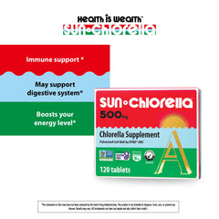 Sun Chlorella 500mg bottle label highlights non-GMO and gluten-free claims.