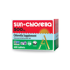 Sun Chlorella 500mg tablet bottle closeup highlights daily immune support potential.